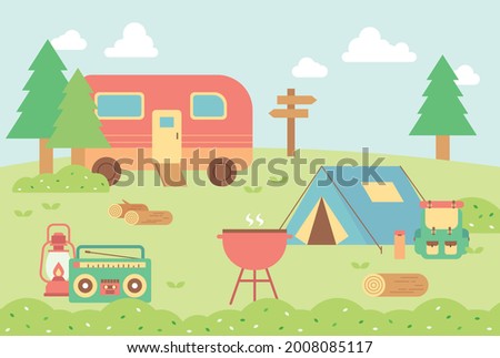 Campsite in nature. There are caravans, tents and camping equipment. flat design style minimal vector illustration.