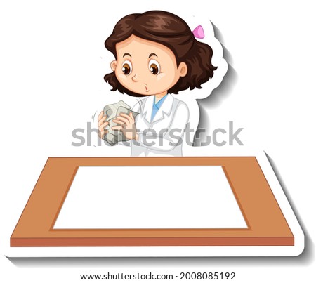 Scientist girl cartoon character with blank table illustration
