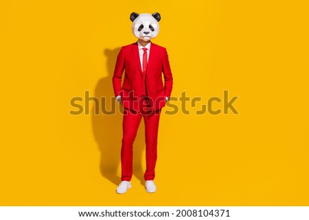 Photo of confident panda guy hands pockets wear mask red suit tie shoes isolated on yellow color background