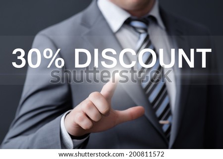 business, technology, internet and networking concept - businessman pressing 30% discount button on virtual screens