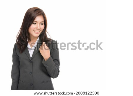 Happy young business asian woman with blank copy space area for text or slogan,Closeup portrait of beautiful Asian woman,isolated on white background