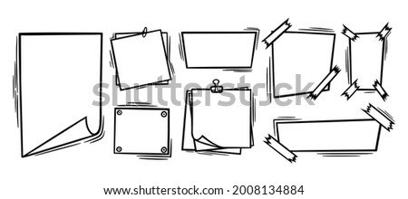 Doodle paper sheets with clip, sticky tape and pins. Blank paper pages for memos and messages. Doodle vector illustration isolated in white background
