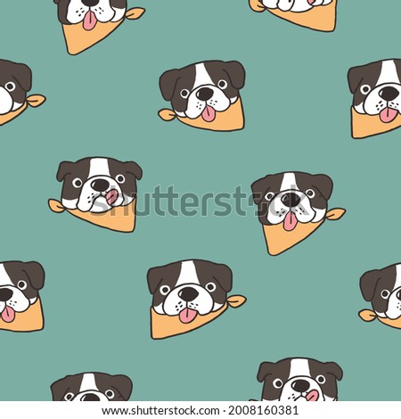 Seamless Pattern with Cute Cartoon Bulldog Face Design on Green Background