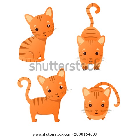 A set of cute red cats in different poses on a white background. Children's illustration of animals.