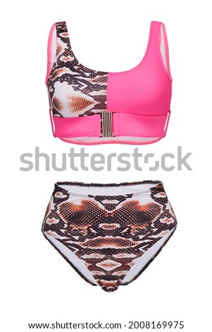 Detail shot of two-piece swimsuit with snake design composed of bra with metal buckle and high-waisted panties. Stylish swimming suit is isolated on the white background. Royalty-Free Stock Photo #2008169975