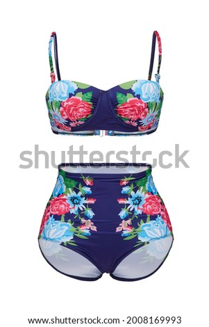 Detail shot of blue two-piece swimsuit with bright floral print composed of bra with thin straps and high-waisted panties. Stylish swimming suit is isolated on the white background. Royalty-Free Stock Photo #2008169993