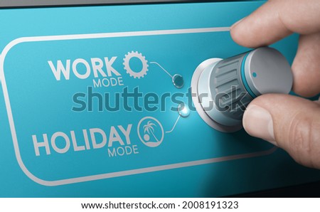 Man switching between work and holiday modes. Office closing announcement concept. Composite image between a hand photography and a 3D background.