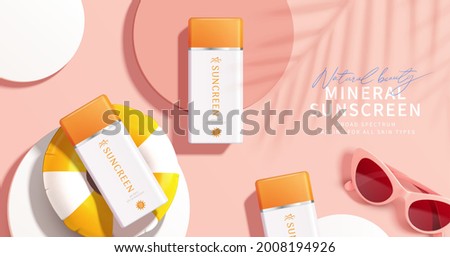Top view of 3d sunscreen bottle and sunglasses on round podium. Concept of spa and vacation. Cosmetic product display or ad template. Royalty-Free Stock Photo #2008194926