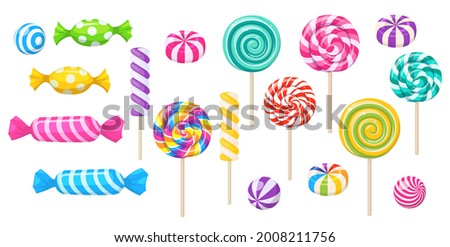 Candies, lollipop, sugar caramel in wrapper, gums and twisted marshmallow on stick. Vector set of sweets, spiral lollypops, striped bonbons and bubblegums isolated on white background Royalty-Free Stock Photo #2008211756