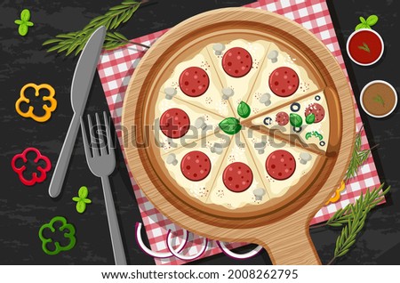 Top view of a whole pizza with pepperoni topping on the table background illustration