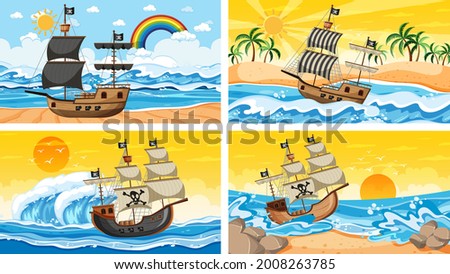 Set of ocean scenes at different times with Pirate ship in cartoon style illustration
