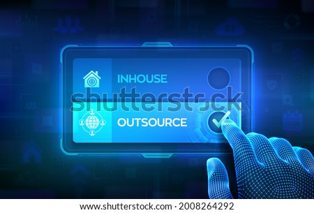 Outsource or inhouse choice concept. Making decision. Outsourcing Global recruitment. Human Resources. Hand on virtual touch screen ticking the check mark on outsource button. Vector illustration. Royalty-Free Stock Photo #2008264292
