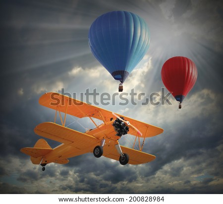 Retro style picture of the biplane and hot air balloons. History of aviation concept. 
