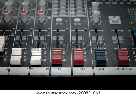 Sound mixer control panel, close-up of audio controls