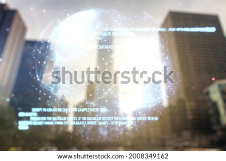 Abstract virtual coding concept and world map hologram on office buildings background. Multiexposure