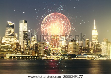 Virtual Idea concept with light bulb illustration on New York city skyline background. Multiexposure