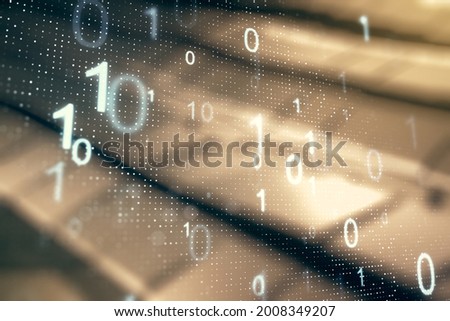 Abstract virtual binary code sketch on shiny metal background, hacking and matrix concept. Multiexposure