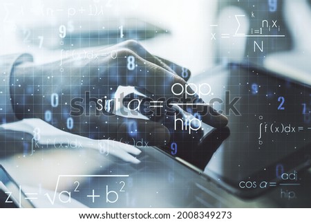 Double exposure of creative scientific formula concept with finger clicks on a digital tablet on background, research and development concept