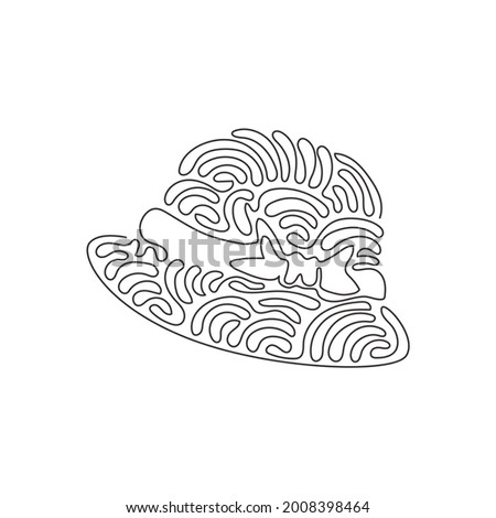 Continuous one line drawing ladies hat vintage. Pretty straw hat with ribbon. Sketch women hats. Retro fashion. Women's accessory. Swirl curl style. Single line draw design vector graphic illustration