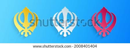 Paper cut Sikhism religion Khanda symbol icon isolated on blue background. Khanda Sikh symbol. Paper art style..