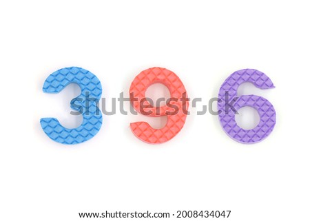 number 396 isolated on white background. Colorful letters on background close up. Alphabet toy. Number three hundred ninety-six.