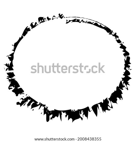 Black and white grungy, grunge circle contour. Abstract textured oval, ellipse. Paint splatter, watercolor effect illustration