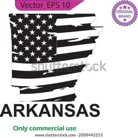 Set of Arkansas US state map. Map of the United States of America. States of the USA. US map with state border. Distressed American flag with splash elements, flag of America, patriot, military.