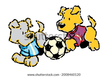 Handmade vector illustration of dogs playing with soccer ball. Art in cartoon style.