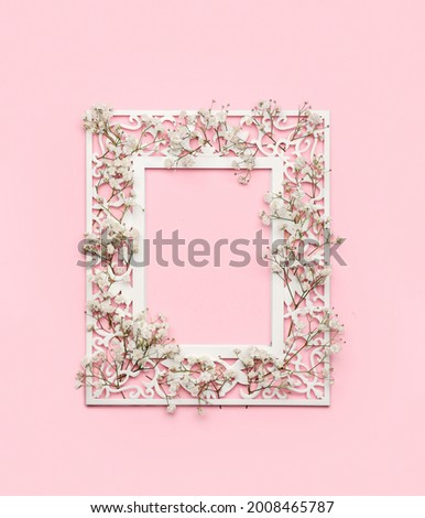 Beautiful gypsophila flowers and blank frame on color background