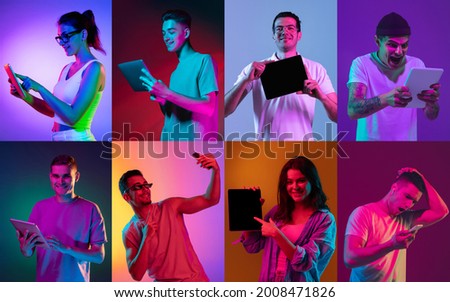 Using gadgets. Group of young girls and boys with digital devices isolated on colored background in neon light. Flyer, collage made of 8 models. Concept of emotions, facial expression, sales, ad.