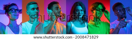 Portraits of different surprised people on multicolored background in neon light. Flyer, collage made of models. Concept of emotions, facial expression, sales, advertising. Beauty, stylish men, women