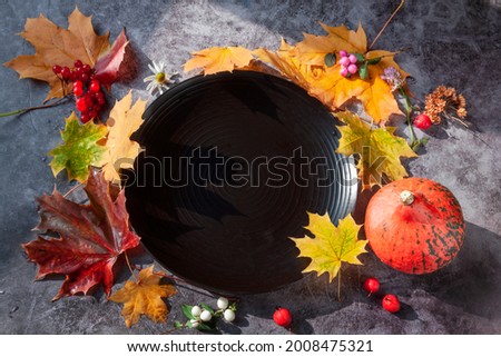 Multicolored autumn halloween festival pumpkin and leaves round black plate dark background with copy space