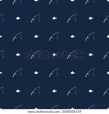 Fishing seamless pattern with fishing rod and fish. Fishing background vector illustration