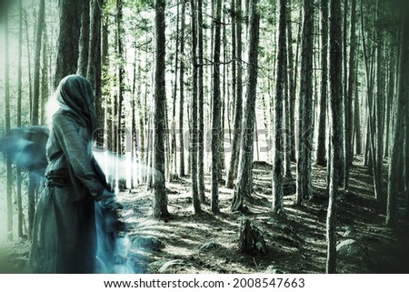                        A beautiful woman in faded blue medieval dress moves through mysterious forest. Creative ghostly colors. Shamanic theme.         Royalty-Free Stock Photo #2008547663