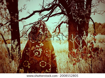                         A medieval cloaked woman looking at early morning sunrise in winter hoar frost. Creative colors.  Witch theme.        Royalty-Free Stock Photo #2008552805