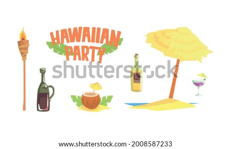 Hawaiian Party Objects Set, Symbols of Tropical Summer Holidays, Alcoholic Drink, Cocktail, Torch, Umbrella Made of Palm Leaves Cartoon Vector Illustration