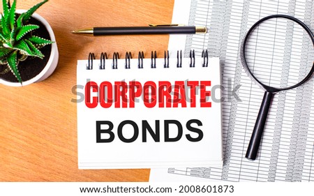 On a wooden table there are reports, a potted plant, a magnifying glass, a black pen and a notebook with the text CORPORATE BONDS. Business concept