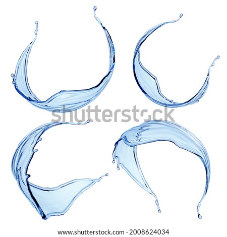 3d render, abstract water clip art collection. Set of assorted liquid splash shapes, isolated on white background
