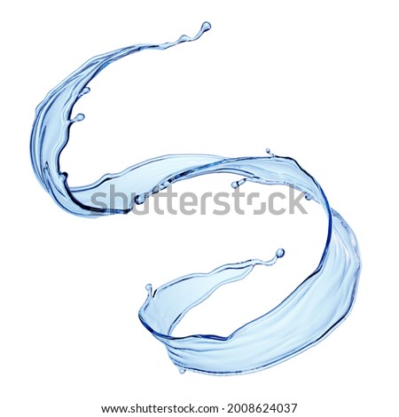 3d render, blue water jet, wavy splash clip art isolated on white background. Ribbon shape. Twisted liquid shape, splashing wave