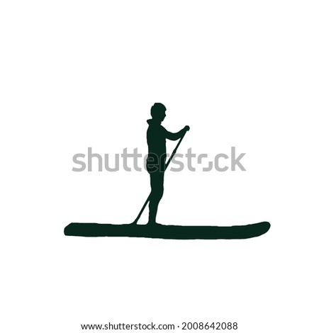 The silhouette of a man on a board with a paddle. Water sport. Active recreation. Illustration for invitations, postcards, banners, posters. Design for printing. Holiday illustration. Design elements.