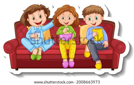A sticker template with three children sitting on sofa illustration