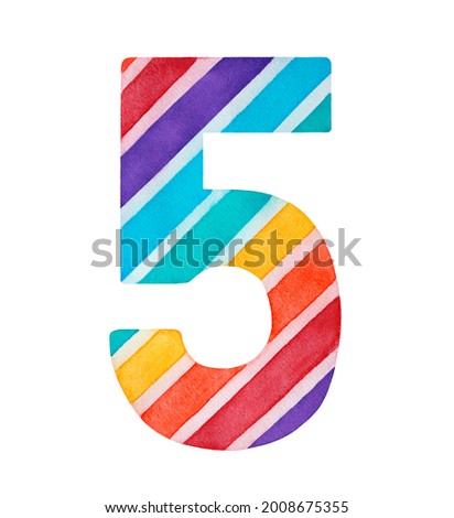 Colorful multicolored Number 5, decorated with cheerful striped pattern. Hand painted water color sketch on white background, cutout clip art element for design, invitation, sticker, birthday card.