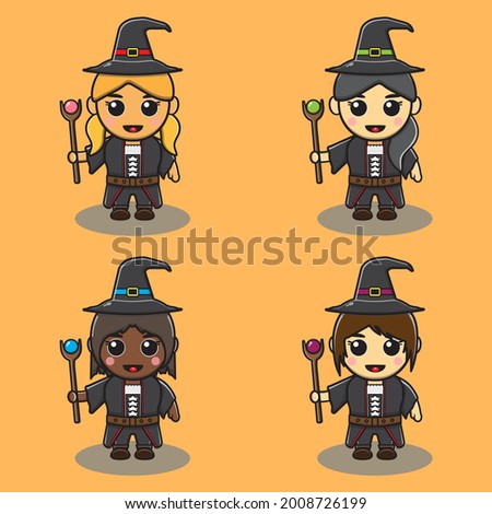 Vector illustration of Cute girls in witch costume. Collection of different cute beautiful witches. Group of cute mystical girls. Halloween witch collection.