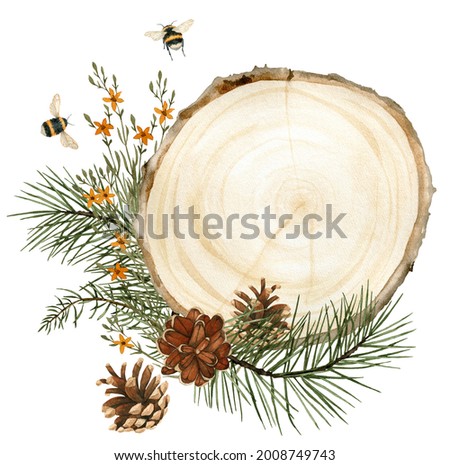 Watercolor fall forest arrangement with wood slice, pine cedar branch, pinecone, yellow flowers, bumble bees, autumn planner clip art, tumblers design