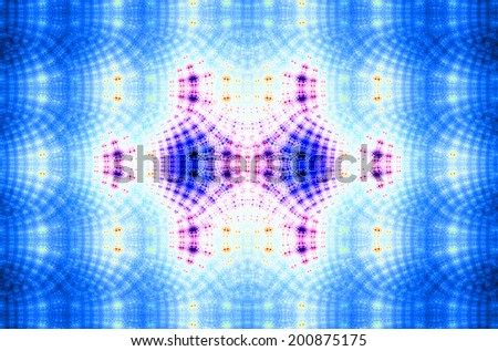 Abstract fractal background with a detailed decorative horizontal pillars balanced against each other and with a fine wavy dotted pattern and bright center, all in blue, pink, purple and yellow colors