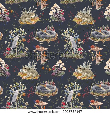 Beautiful seamless forest pattern with cute watercolor hand drawn wild animals snake mouse frog and berries mushrooms. Stock illustration.