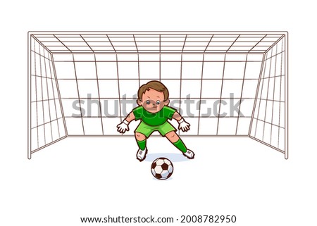 The goalkeeper is a football player, stands at the goal and waits for the ball to be served. Vector flat isolated illustration in cartoon style on the theme of football and sports