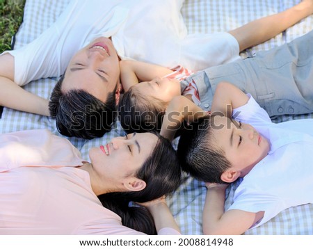 Happy family of four lie on the park grass to rest high quality photo