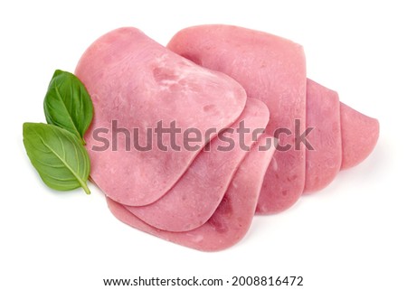 Boiled Ham Slices, close-up, isolated on white background. High resolution image