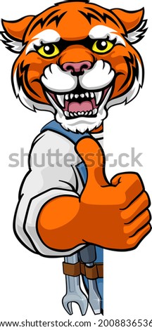 A tiger cartoon animal mascot plumber, mechanic or handyman builder construction maintenance contractor peeking around a sign and giving a thumbs up